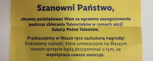 Otrzymaliśmy nagrody za Talenciaki zebrane w IV edycji akcji „Szkoły pełne Talentów” 