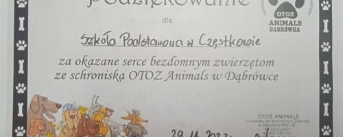 Podziękowanie za okazane serce bezdomnym zwierzętom ze schroniska OTOZ Animals w Dąbrówce